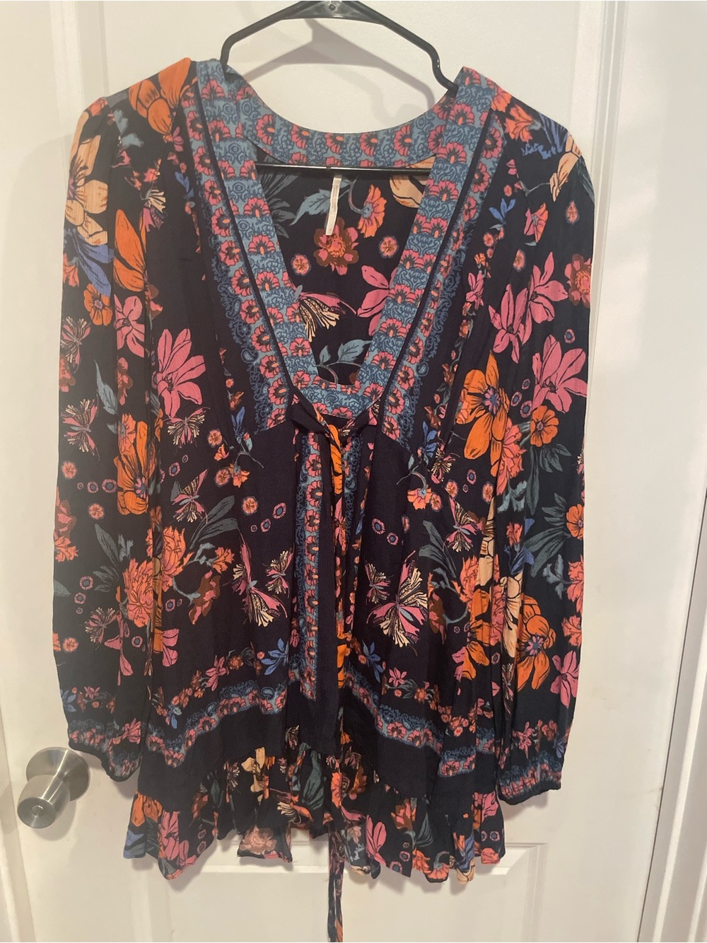 Free People Navy Floral Tie-Neck Tunic with Blue & Orange Flowers Size 2